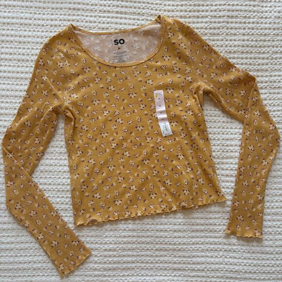 SO Tops - SO yellow floral waffle knit lettuce hem crop shirt Medium